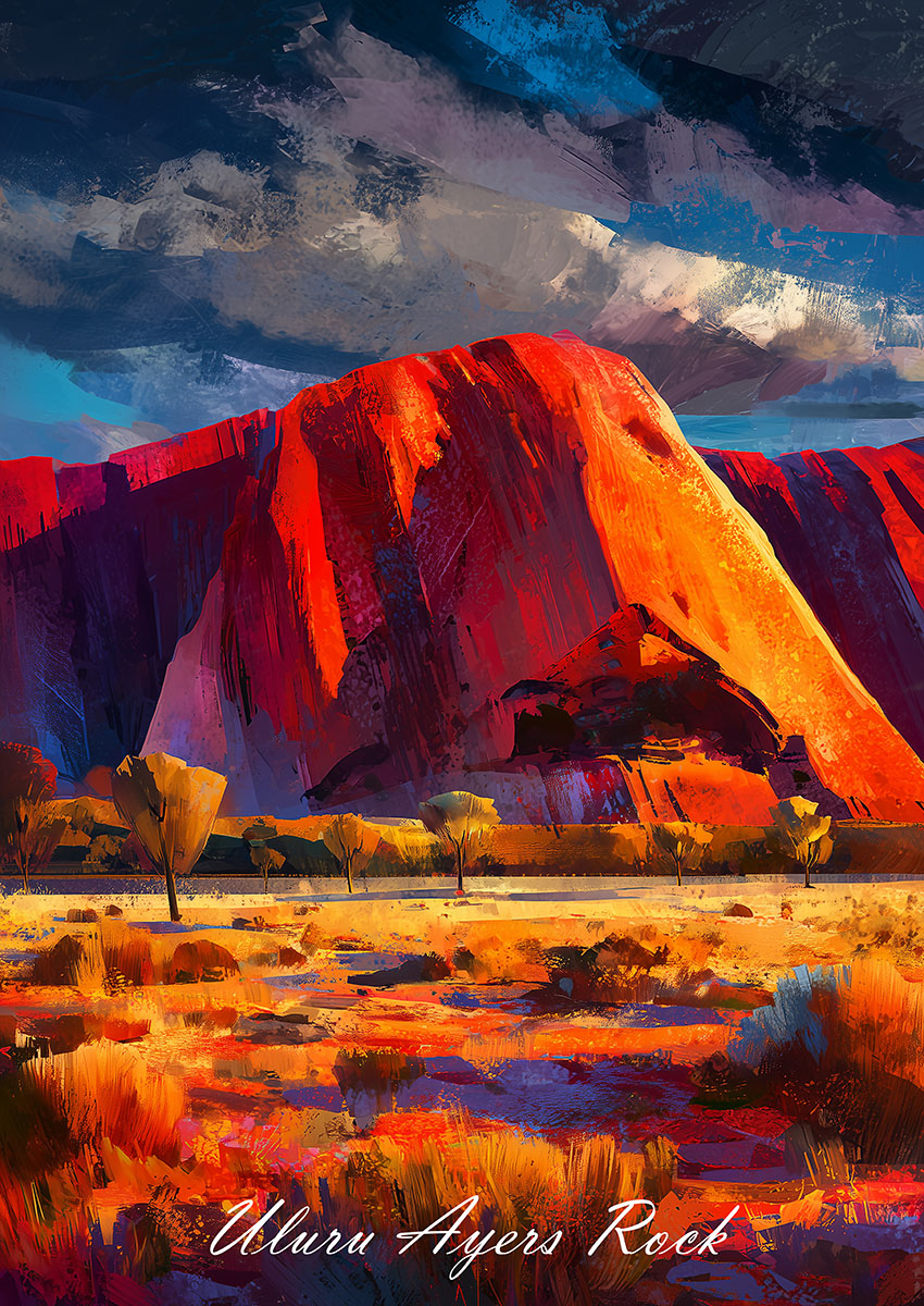 Dramatic artwork of Uluru Ayers Rock during sunset with lush foliage and a vibrant sky.